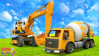 Construction vehicles assemble asphalt truck and fix road. Loader, cement truck & excavator for Kids
