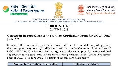 Correction in particulars of the Online Application Form for UGC NET June 2023