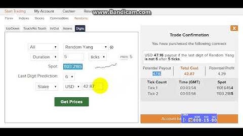 Trik bermain Binary Random Digit Differs (DD). Stake : $20 profit : $101.12