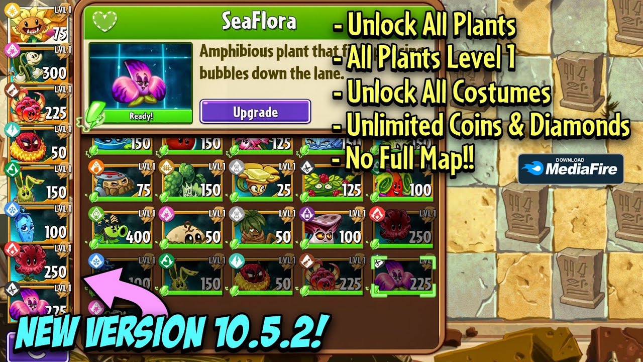 Plants VS Zombies 2 10.5.2 Unlock All Plants Max Level Full Map 1/0 Sun no  reload - PVZ 2 Mod Apk 