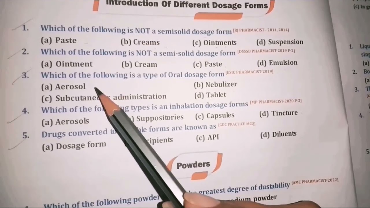 Previous year question related dosage form for pharmacist exam preparation | Pharmaceutics 