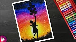 Girl with balloons drawing for beginners with Oil Pastels - step by step