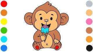 🐵 Monkey with Ice cream🍦 Coloring Page for Kids | Cute Funny Jungle Animal Art
