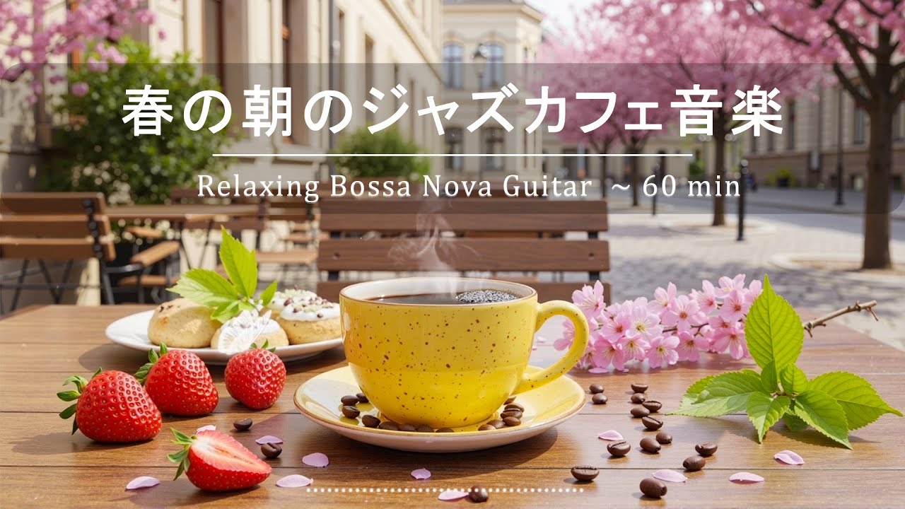 『 広告なし・作業用BGM 』春の朝のジャズカフェ音楽 ☕ Relaxing Guitar – 60 min ボサノバ | 優しいメロディーからポジティブなエネルギーへ 🎶 集中・読書・勉強用