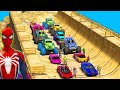 Superherocars challenge on high ramp over lake spiderman hulk iron man and race cars   gta 5