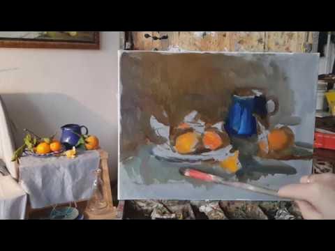 Мандарины с веточками. Живопись маслом. Простой натюрморт. - YouTube