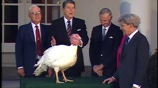 Full title: thanksgiving turkey presentation. president reagan is
presented with in rose garden (press questions on oliver north and
admiral poindexte...