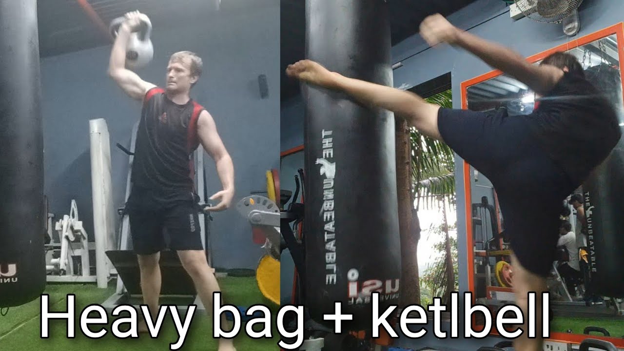 Heavy bag striking plus kettlebell workout. Functional training option