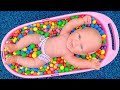 Magic Satisfying ASMR - Mixing Very Yummy Skittles Candy in Big Rosy Bathtub with Color Slime Pop It
