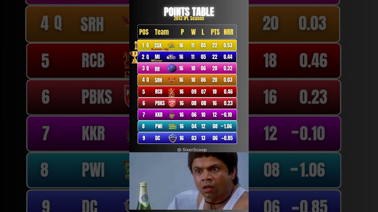 Points Table IPL 2013 After League Matches 