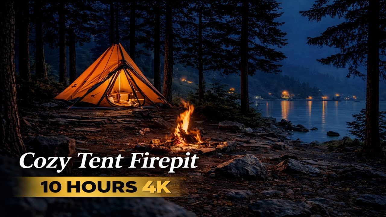 4K Cozy Tent Firepit by the Lake – 10 Hours | Night Camping Ambience