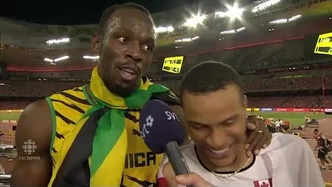 Andre De Grasse surprised by Usain Bolt during int...