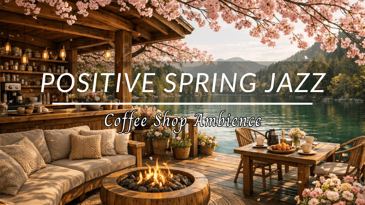 Fresh Spring Morning Jazz 🌸 Cozy Lakeside Coffee Shop Ambience with Cherry Blossoms & Soft Piano