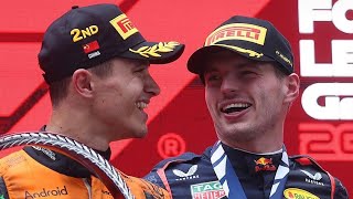 Max Verstappen \& Lando Norris chilling on the podium together | Behind the scenes after the race