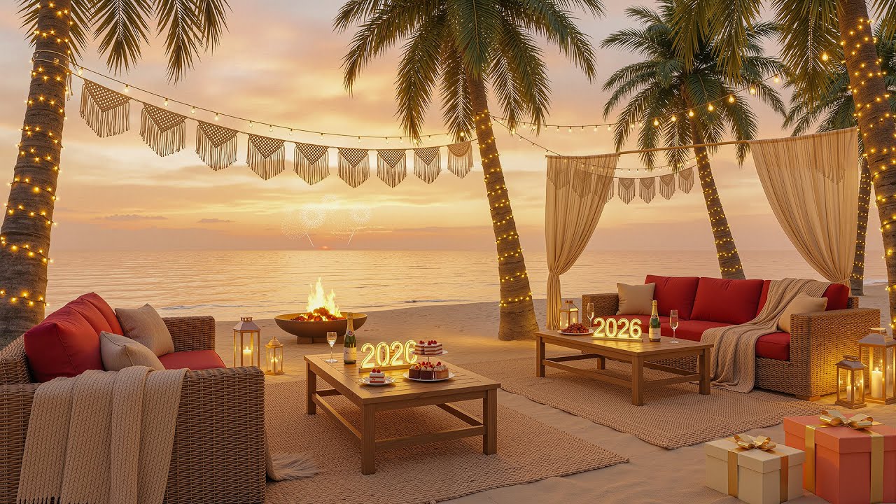 Smooth Jazz Music🌅 Warm Sunset & Boho Beach Bonfire | Happy New Year  2026