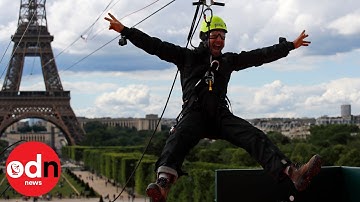 Terrifying! Thrill-seekers zipline from Eiffel Tower at over 90km/h