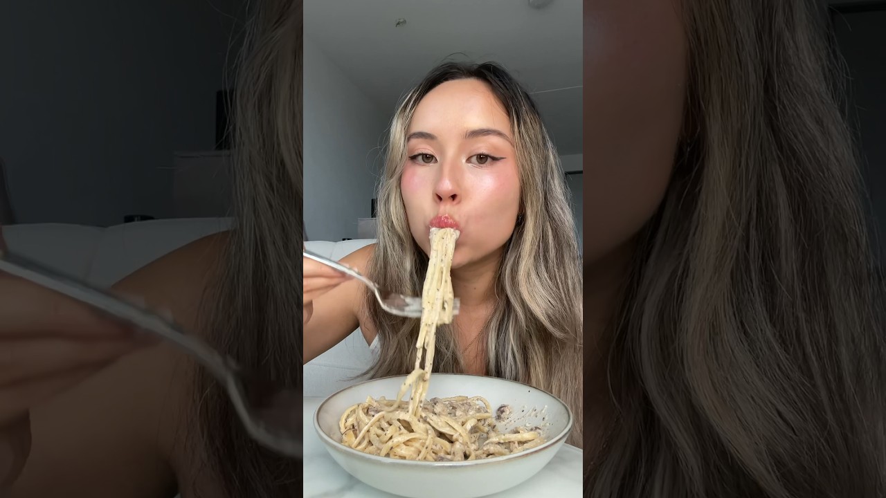 Creamy truffle pasta mukbang 🤍
