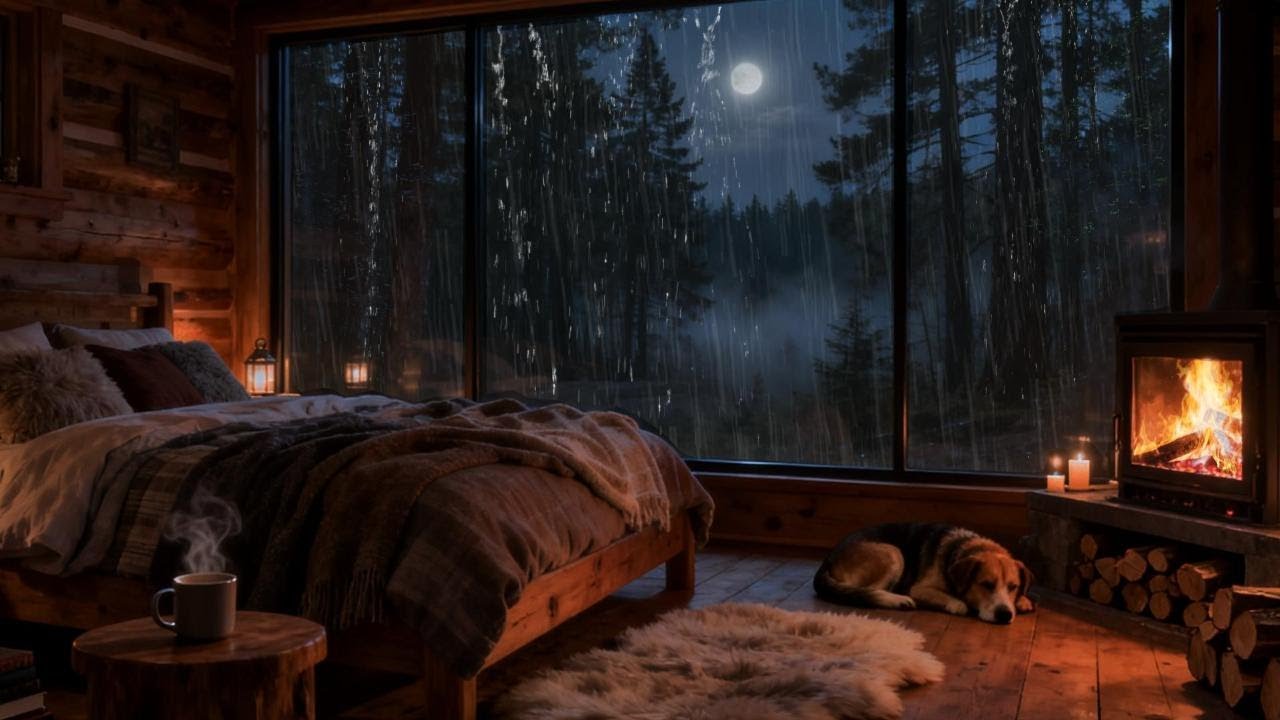 Rain Sounds for Sleeping No Ads | Deep Heavy Rain Outside the Window, Cozy Fireplace Ambience day#26