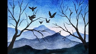 Watercolor tutorial of simple Mountain and Tree Landscape step by step