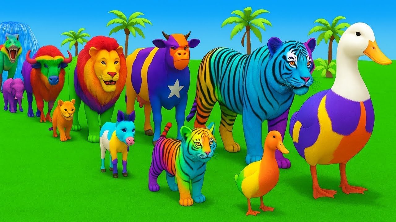 Long Slide Game With Elephant Gorilla Buffalo Hippopotamus Tiger - 3d Animal Game - Funny 3d Animals