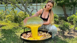 Giant Omelette on Fire | Breakfast Recipes in Ukrainian Village