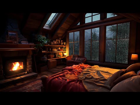 Stormy Night at a Mountainside Cabin with Fireplace & Thunder Sounds for Deep Sleep