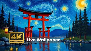 4K Live Wallpaper: Torii Gate in Van Gogh Style - Serene Japanese Lake at Night