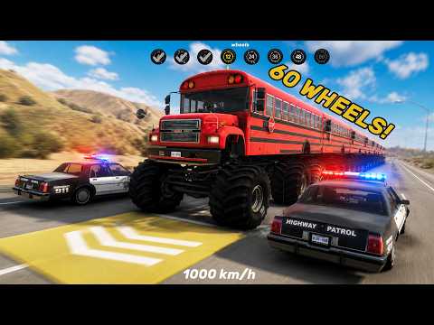 60 WHEELS Monster Bus vs MORE COPS Every Level! (MAX SPEED Pad Escape) - Beamng drrive