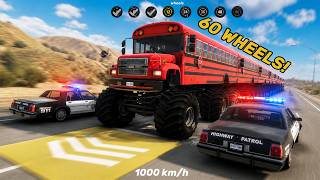 60 WHEELS Monster Bus vs MORE COPS Every Level! (MAX SPEED Pad Escape) - Beamng drrive