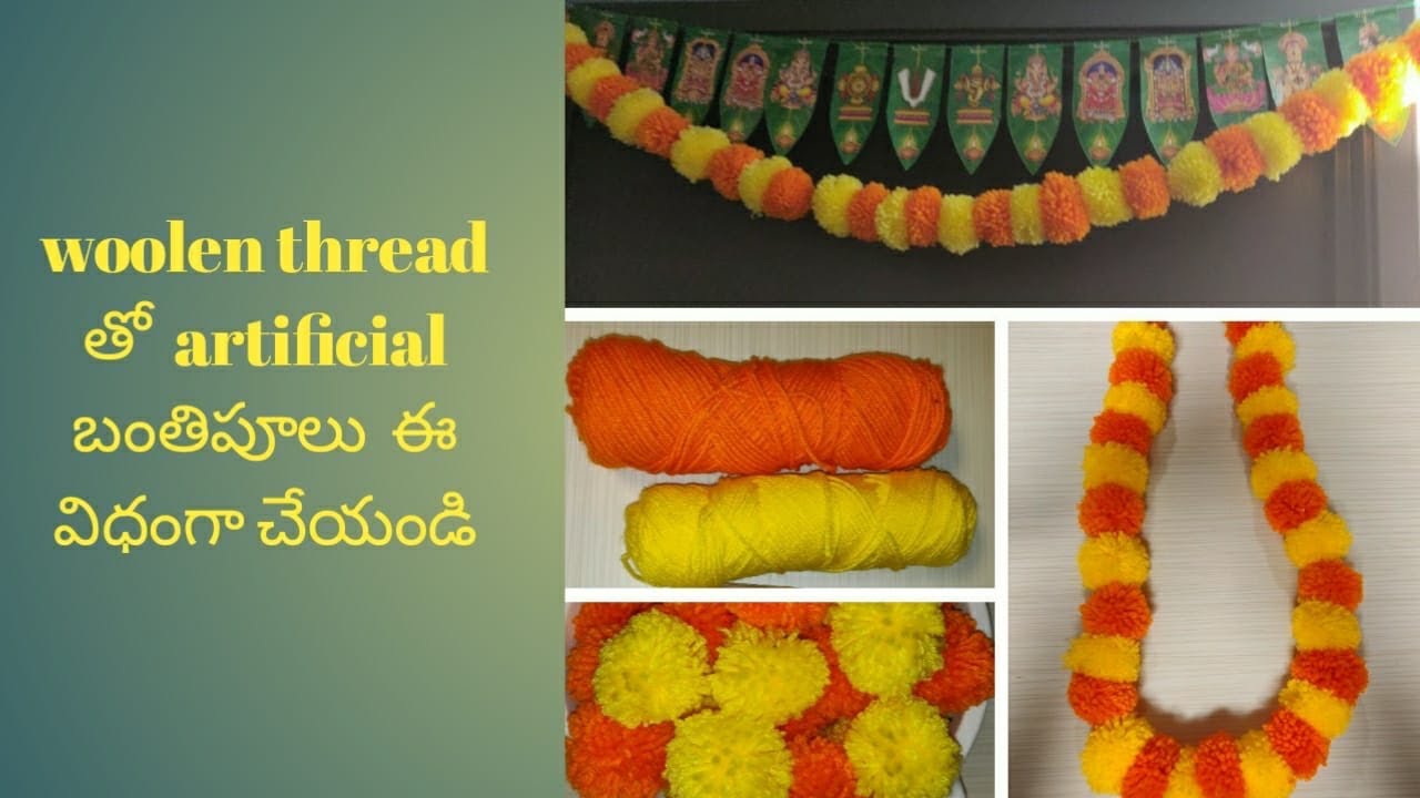 How to create marigold flowers and garland with wool for decoration. Quick Pom Pom making using Yarn