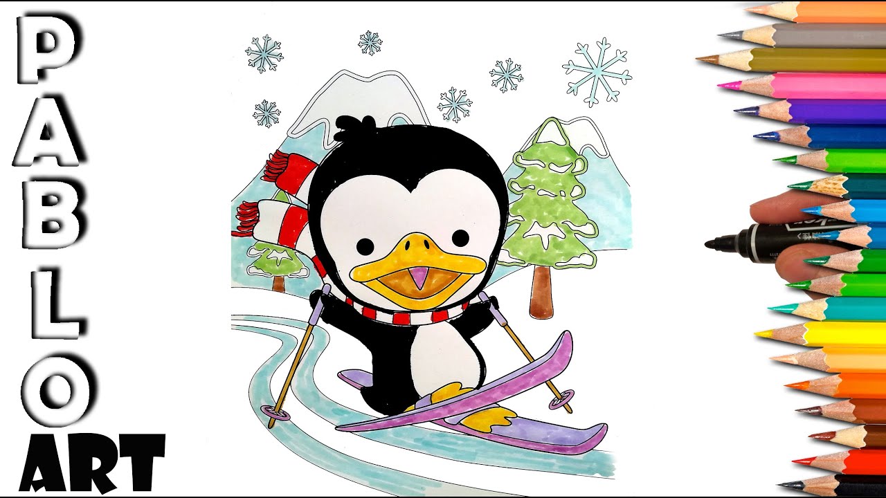 How to color 🎅 Penguin skiing for christmas | Learn to Draw step by step
