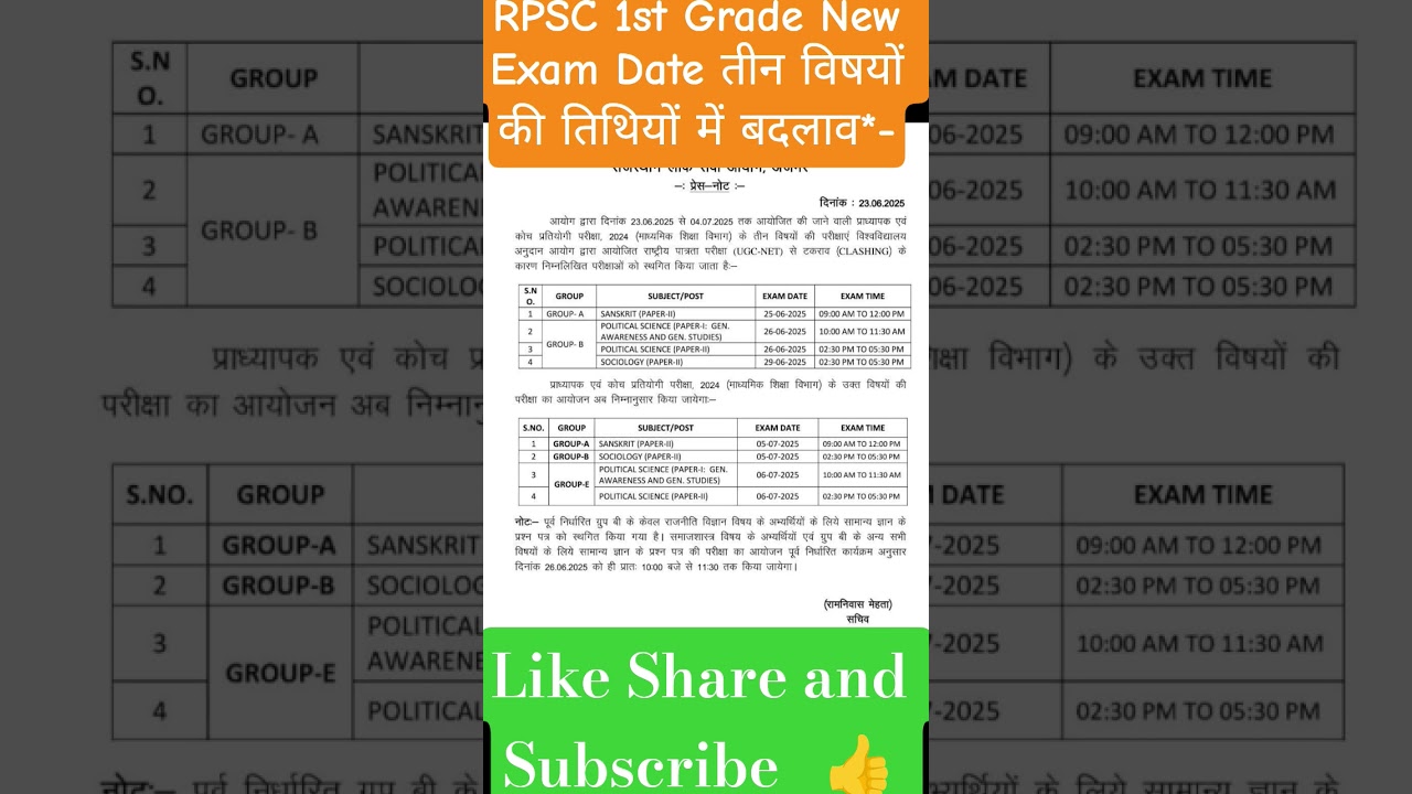 rpsc 1st grade latest news today | rpsc 1st grade exam date 