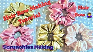 How To Bow Making At Home 🎀 / Scrunchies Sikhe Very Easy Method / Satin Scrunchies Making