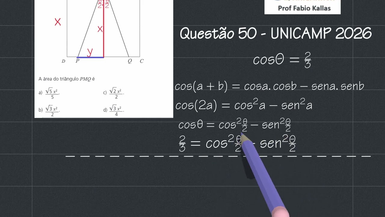 Questão 50 UNICAMP 2026 Matemática | Geometria e área de triângulo no quadrado ABCD
