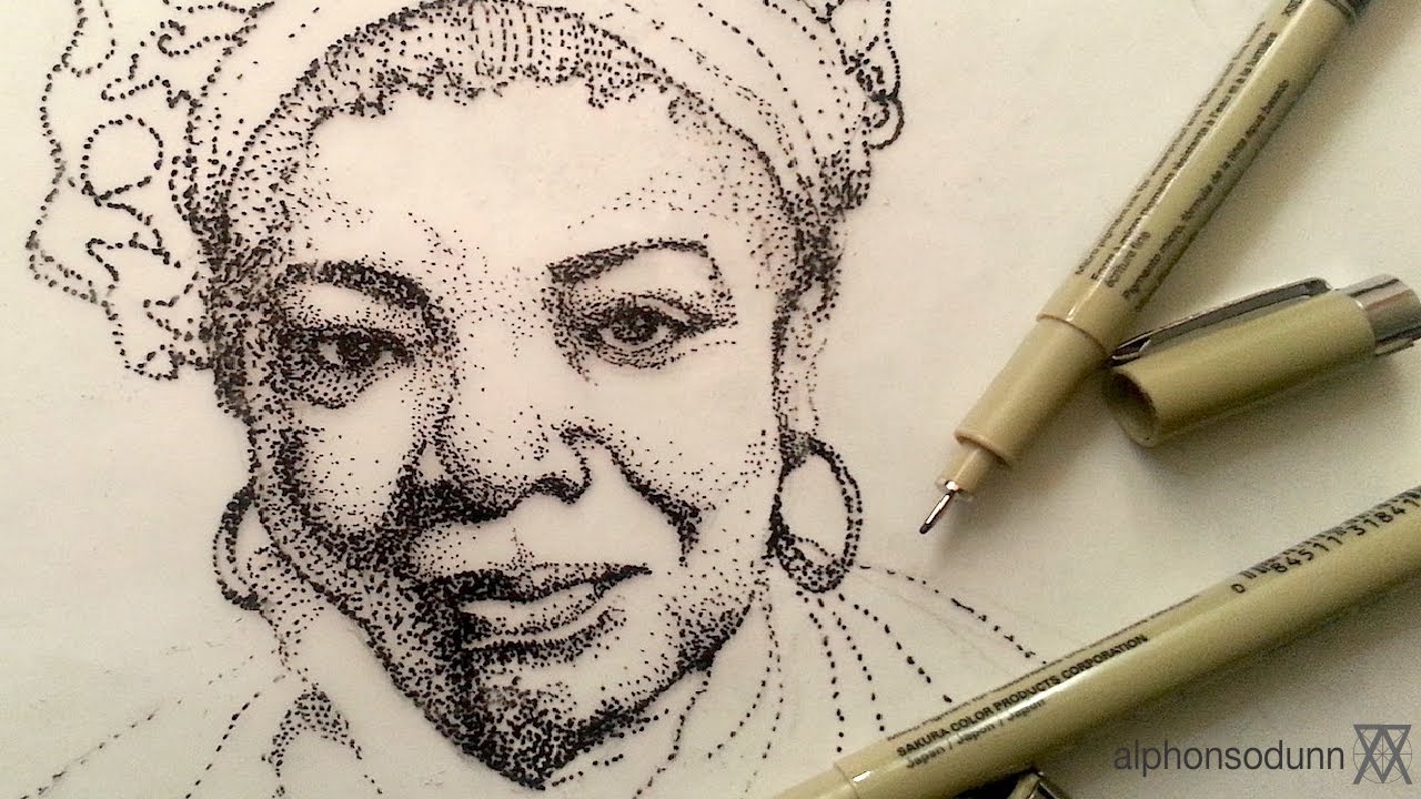 Pen and Ink Drawing Tutorials  Stipple portrait drawing of Maya Angelou 