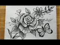 how to draw flowers & butterfly with pencil sketch,rose flower drawing,butterfly drawing,