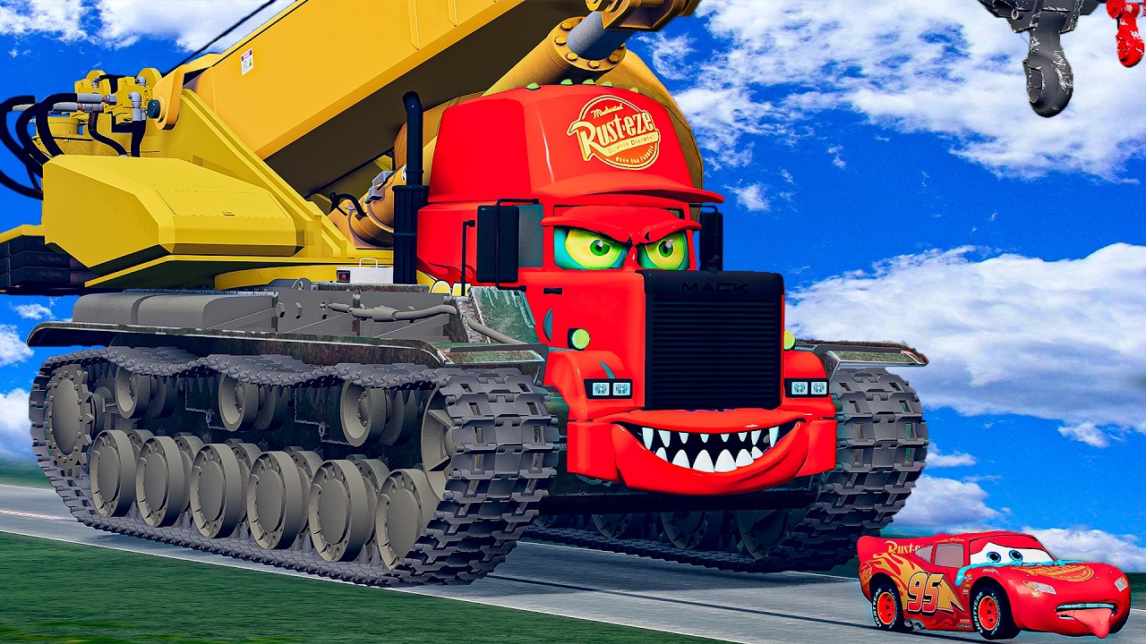 HUGE CAR CRUSHER TANK CRANE MACK Truck Eater VS Car Lightning McQueen Escape Monster BeamNG.Drive #4