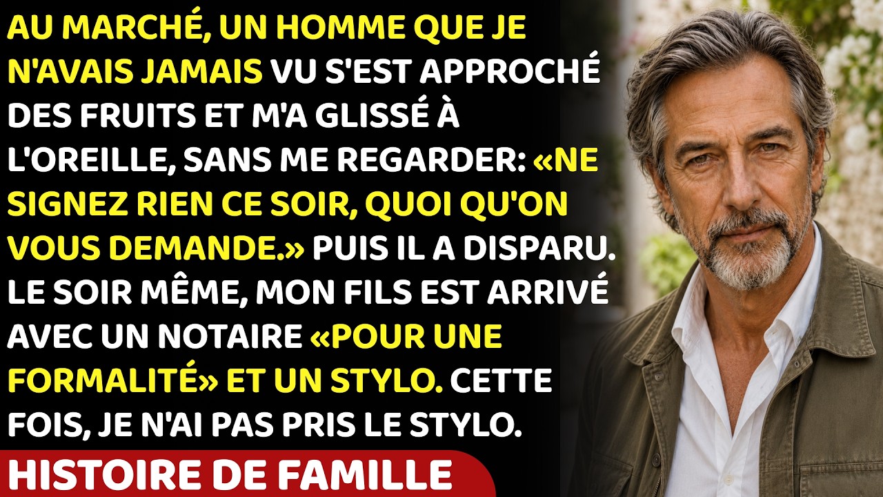 Ce mardi-là, au marché, alors que je choisissais des pommes comme je l'avais fait mille fois, un inconnu s'est penché vers moi et m'a soufflé à l'oreille : « Ne signez rien ce soir, quoi qu'on...