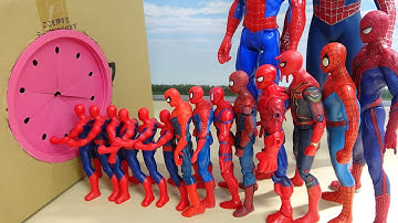 Various Spiderman go into Box in a row スパイダースすぽすぽ動画