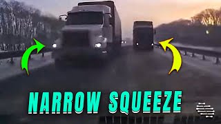 Car Narrowly Avoids Being Sandwiched Between Two Trucks