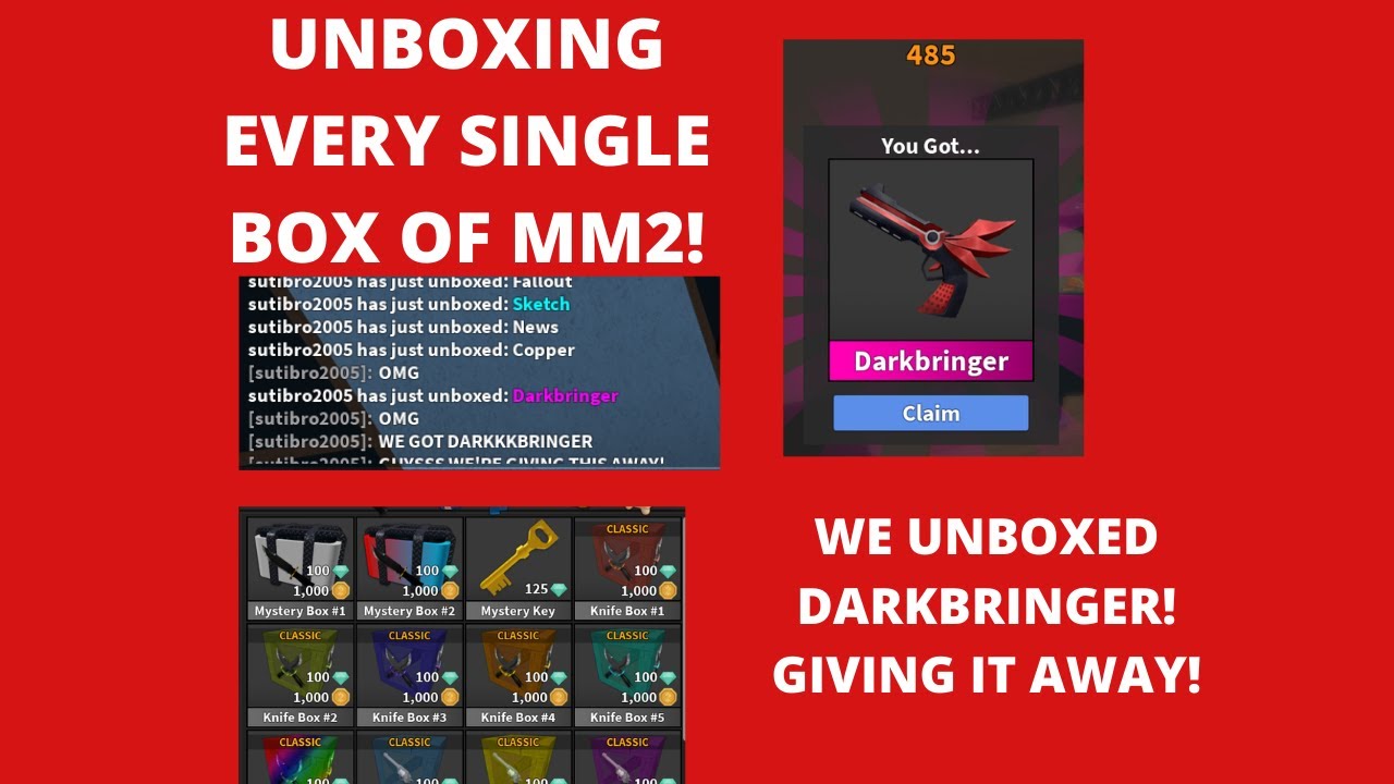 Unboxing Every Single Box Of Mm2 We Unboxed Darkbringer Giving It Away Youtube - i unboxed 100 halloween crates and got this godly knife roblox