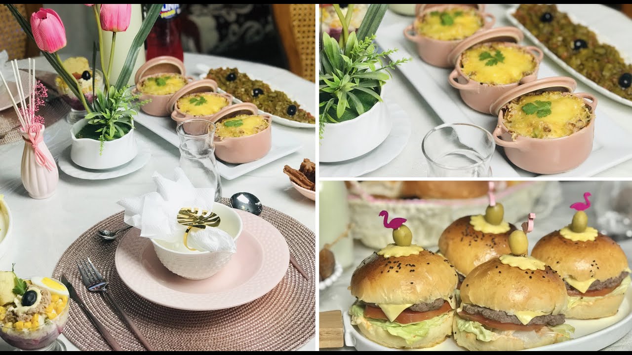 فكرة طاولة ثالث يوم🌙همبرغر بعجينة خرافية قطنية🍔و غراتان بطاطا بالسكالوب و الفطر بالكريمة السائلة😋