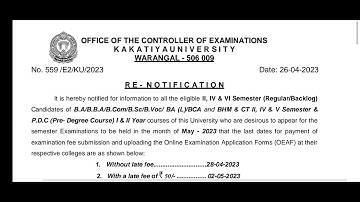 KU Degree BA BCom BSc II/IV /VI Semester exam fee Re notification May 2023