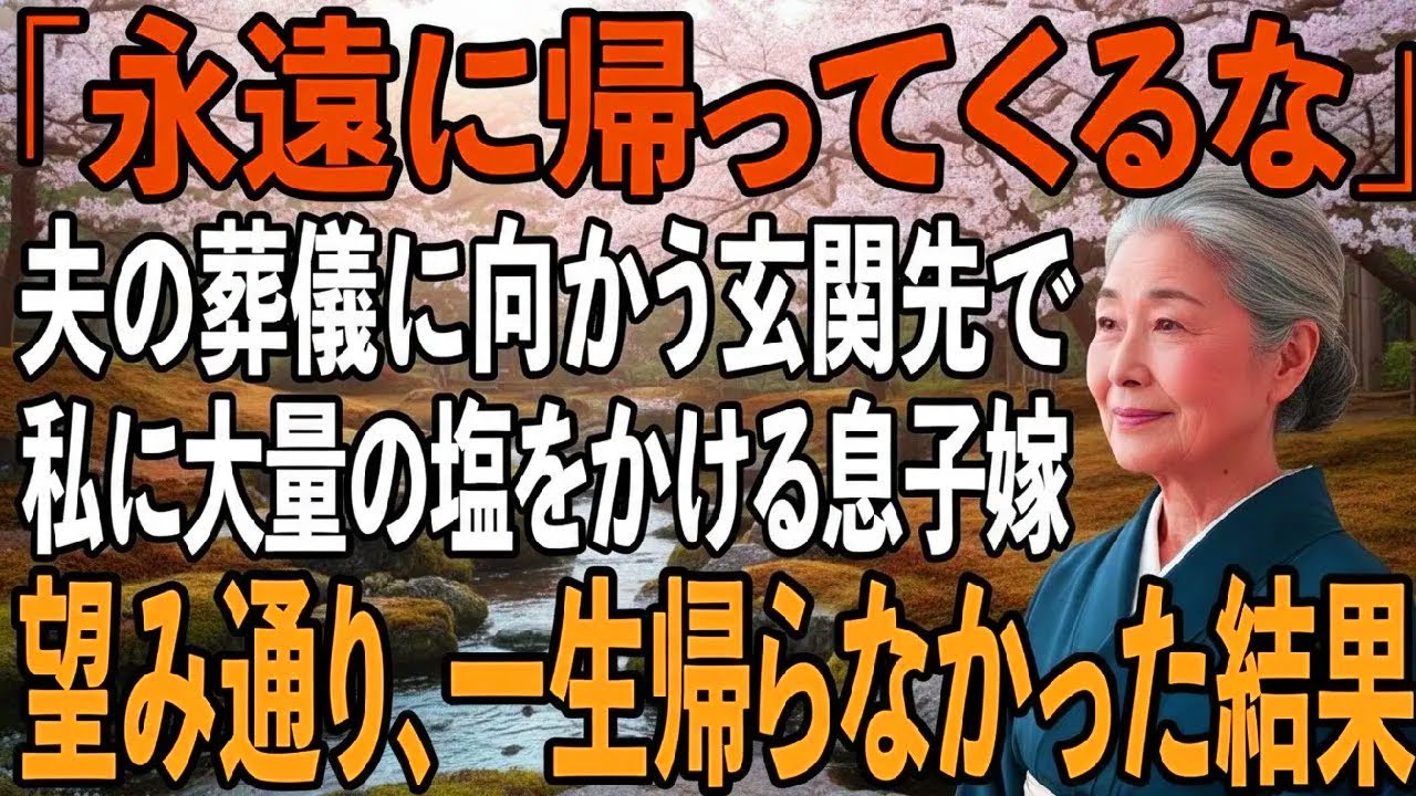 「永遠に帰って来なくていいですからね」夫の葬儀に向かう玄関先で姑の私に大量の塩をぶっかけた息子嫁→お望み通り、一生帰らなかった結果【シニアライフ】【60代以上の方へ】