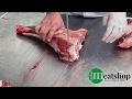 Cutting half fresh halal mutton on bandsaw machine - onlinemeatshop