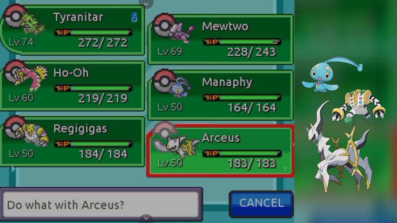 Arceus || Regigigas || Manaphy || location in Pokemon Fire Ash