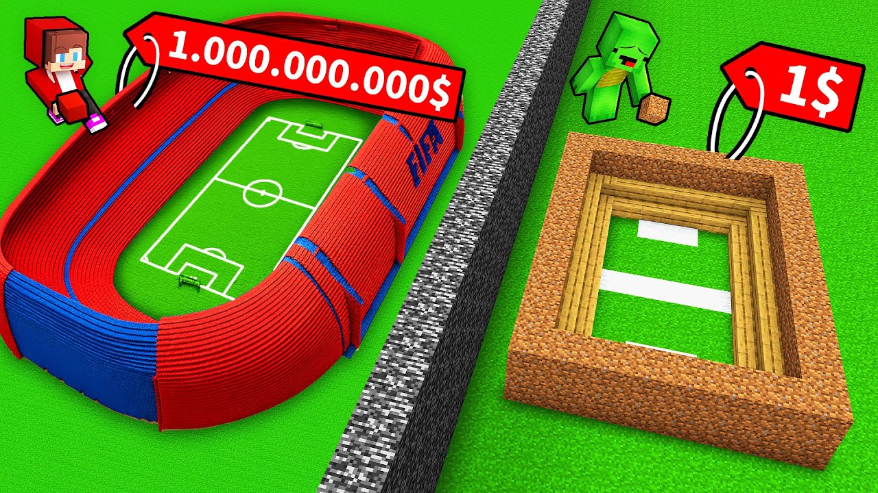 JJ and Mikey: $1,000,000,000 vs $1 World Cup Stadium Build Battle - Minecraft Maizen