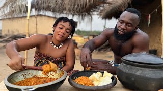 How to COOK  African YAM with GARDEN EGGS \\\\ EGG PLANT stew in the VILLAGE || African Village Life