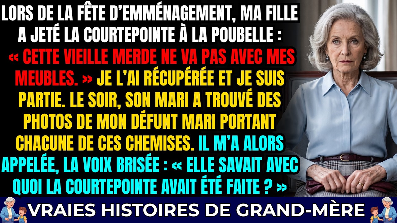 Le soir de la pendaison de crémaillère de ma fille, j'ai vu la couverture que j'avais cousue pendant quatre ans avec les chemises de mon défunt mari glisser dans un sac-poubelle, sans un regard. «...