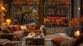Beautiful Rainy Autumn Café Night ☕ Soft Jazz Piano & Warm Fireplace Ambience for Study & Work screenshot 4